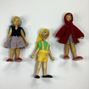 Vintage Wood Poland Peg Doll Lot Red Shoes Pinocchio Red Hood Coat Blue Scarf